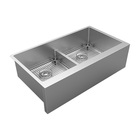 Elkay 16 Gauge SS 35-7/8" x 20-1/4" x 9" Equal Dbl Bowl Tall Farmhouse Sink Kit w/ Aqua Divide EFRUFFA3417DBG